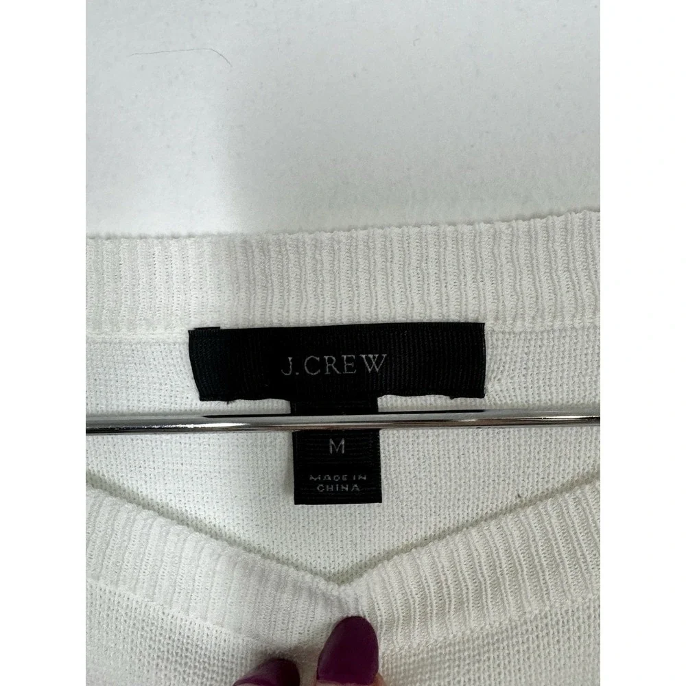 J Crew White Cropped Long Sleeve Cotton Sweater With Crochet Accents Sz M Spring